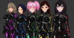 3d black_hair blue_eyes blush bodysuit breasts brown_eyes brown_hair character_request collar custom_maid_3d_2 cyber-sexaroid_(dndniwana3s) empty_eyes female_only femsub green_eyes heterochromia hidoi_koto_suru_man large_breasts latex long_hair looking_at_viewer multiple_girls multiple_subs pregnant rubber short_hair standing tears tech_control twintails unhappy_trance yellow_eyes 