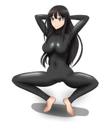 arms_above_head barefoot black_hair breasts cameltoe coin empty_eyes female_only femsub hand_on_head inoue_takina large_breasts latex long_hair lycoris_recoil navel pendulum smile soex solo spread_legs squatting tiptoes white_background 