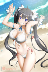  beach bikini_bottom bikini_top black_hair blush breasts cleavage female_only femsub goddess happy_trance hestia is_it_wrong_to_try_to_pick_up_girls_in_a_dungeon? kimmy77 large_breasts long_hair looking_at_viewer manip misterman4_(manipper) smile spiral_eyes swimsuit symbol_in_eyes tagme twintails 