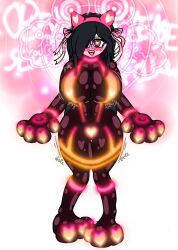  ahegao alicia_(aliciapendragon) artist_request black_hair blush bodysuit cat_ears color glasses hair_covering_one_eye headband headphones heart heart_eyes large_ass large_breasts latex long_hair looking_at_viewer null_bulge original paws pink_eyes simple_background text white_background wide_hips 