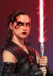  brown_hair channandeller collarbone corruption lightsaber looking_at_viewer red_lipstick rey_(star_wars) short_hair solo standing star_wars unhappy_trance yellow_eyes 