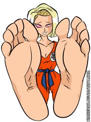 absurdres android_18 barefoot blonde_hair dragon_ball drool feet female_only femsub foot_focus happy_trance huge_feet kimberco open_mouth short_hair smile solo spiral_eyes symbol_in_eyes text
