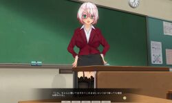  3d bangs before_and_after blackboard blue_eyes custom_maid_3d_2 dialogue female_only garter_straps glasses hand_on_hip japanese_text large_breasts looking_at_viewer open_mouth original pink_hair short_hair skirt socks solo standing swallow774 teacher thighhighs translation_request 