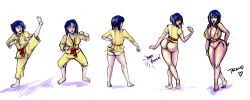absurdres akane_tendo ass_expansion before_and_after bikini_top bimbofication blue_hair breast_expansion breasts clothed_exposure comic erect_nipples femsub happy_trance inflation large_breasts martial_arts_uniform micro_bikini ranma_1/2 sketch thong traditional trampy_hime transformation