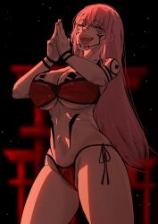  absurdres alternate_costume bikini bikini_bottom bikini_top body_markings breasts calliope_mori cleavage corruption crossover evil_smile eye_color_change facial_markings femsub globining hololive hololive_english jujutsu_kaisen large_breasts maledom midriff nail_polish navel pink_hair possession red_eyes ryomen_sukuna smile tattoo thighs very_long_hair virtual_youtuber 