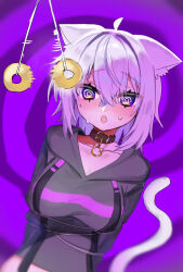 ahoge bangs blush breasts cat_ears cat_girl cat_tail collar fangs hololive multicolored_eyes okayu_nekomata open_mouth panndasa pendulum purple_background purple_eyes purple_hair short_hair spiral spiral_background spiral_eyes standing standing_at_attention sweat virtual_youtuber