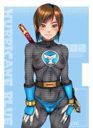 alternate_costume bodysuit brown_hair cameltoe collarbone erect_nipples_under_clothes female_only femsub gauntlets looking_at_viewer manip master226_(manipper) nanami_nono ninpuu_sentai_hurricaneger sakuradou short_hair simple_background spiral_eyes staff super_sentai symbol_in_eyes tight_clothing weapon