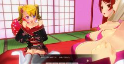 3d blonde_hair blue_eyes breasts chelsea_(mc_trap_town) cleavage curly_hair dialogue female_only kamen_writer_mc kimono large_breasts mc_trap_town multiple_girls ponytail red_eyes red_hair rina_(mc_trap_town) screenshot text translated white_hair