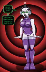 absurdres antenna asajj_ventress bald breasts disney erect_nipples female_only fembot femsub happy_trance headphones hypnotic_accessory large_breasts latex open_mouth robotization smile solo spiral_eyes star_wars supertechno324 symbol_in_eyes tech_control text thighhighs western