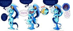  absurdres arms_above_head aware breasts comic dialogue english_text evil_smile female_only femdom femsub green_eyes hugothetroll long_hair ponytail posing possession purple_hair shantae shantae_(series) simple_background smile speech_bubble symbiote tagme text vore wetgal white_background 