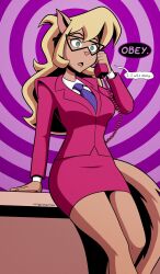  animal_ears bangs blonde_hair business_suit callie_briggs cat_ears cat_girl clothed empty_eyes female_only femsub furry glasses green_eyes imightbemick jacket long_hair office office_lady open_mouth phone phone_call purple_background sitting skirt solo spiral_background swat_kats t-shirt table tail text tie trigger uniform wide_hips 