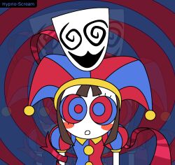 blue_eyes blush brown_hair expressionless eyelashes female_only femdom femsub gangle_(the_amazing_digital_circus) hypnoscream jester kaa_eyes leaning_forward looking_at_viewer open_mouth pomni red_eyes ribbon ring_background smile spiral_eyes the_amazing_digital_circus white_hair
