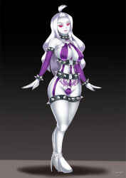 arm_bands boots cleavage collar corruption empty_eyes fairy_tail gloves gradient_background hadant happy_trance harness high_heels long_hair makeup mirajane_strauss opera_gloves pale_skin red_eyes rock_of_succubus signature simple_background solo studded_collar tattoo thigh_boots white_hair white_skin