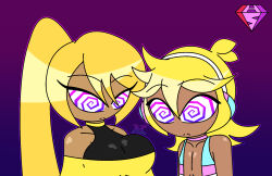  aged_up ahoge alternate_color_scheme bare_shoulders bisexual blonde_hair choker collarbone dark_skin expressionless eyebrows_visible_through_hair eyelashes femsub headphones hypnoscream large_breasts latex len_kagamine malesub multicolored_eyes neru_akita open_clothes pride_colors ring_background ring_eyes shiny_hair shiny_skin side_ponytail simple_background tagme transgender_identity transmasc vest vocaloid 
