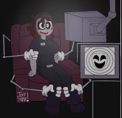 bondage brown_hair chair femdom femsub gangle_(the_amazing_digital_circus) hypnotic_screen open_mouth pomni sitting spiral_eyes spiralwash_eyes the_amazing_digital_circus tonyst0nk uniform white_skin