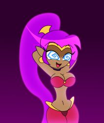 armpits arms_above_head arms_behind_back bare_shoulders blue_eyes bra choker cleavage earrings elf_ears eyebrows_visible_through_hair female_only femsub gradient_background happy_trance headdress hypnoscream jewelry large_breasts long_hair midriff navel open_mouth pants ponytail purple_background purple_hair shantae shantae_(series) simple_background smile solo spiralwash_eyes tan_skin wide_hips