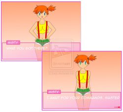  before_and_after dialogue empty_eyes expressionless female_only femsub jimryu misty nintendo pokemon pokemon_(anime) red_hair short_hair solo standing standing_at_attention suspenders text 
