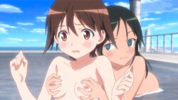  111_(manipper) animated animated_gif blush breasts brown_hair dark_skin empty_eyes female_only femsub francesca_lucchini green_hair groping happy_trance hypnotized_dom long_hair miyafuji_yoshika open_mouth pool short_hair small_breasts strike_witches topless yuri 