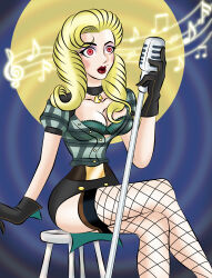 absurdres black_canary blonde_hair breasts choker cleavage collarbone dc_comics fishnets gloves glowing glowing_eyes hypnotic_audio hypnotic_music lipstick makeup microphone mole red_eyes super_hero zorro-zero