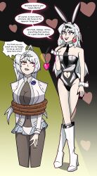 bangs before_and_after boots bunny_ears bunnysuit clothed cuffs earrings english_text hair_ornament heart_eyes hy2300 nail_polish navel open_mouth pendulum red_hair sideboob speech_bubble spiral_eyes text tie tights white_hair yixuan_(zenless_zone_zero) zenless_zone_zero