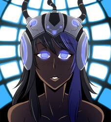 bangs black_hair blue_eyes blue_hair blush cables collarbone dark_skin expressionless female_only femsub glowing glowing_eyes heavy_eyelids helmet hypnotic_screen long_hair looking_at_viewer majinsfw nude original sasha_(goldenfork) solo static_eyes tech_control topless wires