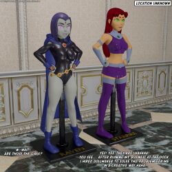  3d absurdres blender boots cape crop_top dc_comics dialogue doll dollification empty_eyes female_only green_eyes grey_skin hand_on_hip happy_trance latinkaixa leotard long_hair midriff multiple_girls multiple_subs one_bar_prison open_mouth pink_eyes posing purple_hair raven red_hair short_hair skirt smile standing starfire super_hero tan_skin tank_top teen_titans text thigh_boots thighhighs 