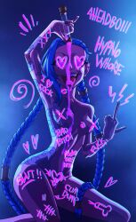 4headboiii arcane blue_hair body_writing bottomless breasts female_only femsub glowing glowing_eyes happy_trance jinx_(lol) league_of_legends long_hair looking_at_viewer nipples nude open_mouth smile solo spiral_eyes symbol_in_eyes tally_marks text thighs tongue tongue_out topless western