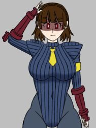 arm_bands bodysuit brown_hair female_only femsub fingerless_gloves gloves makoto_niijima pantyhose persona_(series) persona_5 red_eyes saluting shadaloo_dolls short_hair shoulder_pads standing standing_at_attention street_fighter tie usakiki