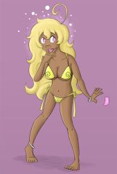 anklet barefoot bikini bimbofication blonde_hair bracelet breasts curly_hair dark_skin feet female_only femsub happy_trance hypno-tan hypnotic_food jewelry large_breasts long_hair mr.h open_mouth original pink_eyes symbol_in_eyes tongue tongue_out traditional transformation