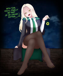  absurdres aura blonde_hair clothed crossed_legs dialogue draco_malfoy english_text feet female_only femdom genderswap glowing green_eyes harry_potter_(series) kronobas28 leggings long_hair male_pov nail_polish pendulum pov pov_sub ring_eyes speech_bubble text thighhighs thighs tie toenail_polish 