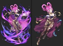 ai_art amadeus_(generator) book breasts cape cleavage clothed corruption cosplay costume empty_eyes female_only femsub fire_emblem fire_emblem_awakening fire_emblem_engage floating happy_trance heart_tattoo high_heels hortensia_(fire_emblem) levitation magic nail_polish nintendo pink_eyes pink_hair simple_background smile solo tattoo tharja torn_clothes v