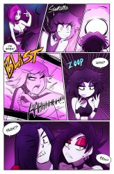  black_hair bree_(gacha_gotcha) choker comic dialogue eyeshadow failed_hypnosis gacha_gotcha goth hair_covering_one_eye kobi94 lilith_(gacha_gotcha) long_hair pale_skin piercing purple_hair rift_(gacha_gotcha) sharp_teeth short_hair speech_bubble text 