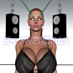  3d animated animated_gif breasts brown_hair cleavage collarbone earrings expressionless female_only femsub huge_breasts hypnoman jewelry long_hair original priscilla_(hypnoman) solo tech_control text white_eyes 