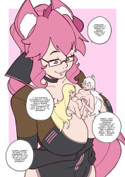  ahoge blonde_hair bodysuit breast_press breasts cleavage dialogue efalabrino fate/apocrypha fate/grand_order fate_(series) femdom femsub fox_girl giantess glasses holding_hands jeanne_alter jeanne_d'arc_(fate) kitsune_girl koyanskaya large_breasts latex long_hair multiple_girls multiple_subs nude pink_hair ponytail text very_long_hair white_hair yellow_eyes 