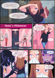  black_hair brown_hair demon_girl dialogue drugged elf_ears flechitas hopetg horns long_hair original purple_skin text 