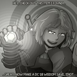  baldur&#039;s_gate brushie_art cloak crystal dialogue dungeons_and_dragons femdom gameplay_mechanics glowing greyscale hypnotic_object looking_at_viewer monochrome original pov_sub rroche_(masterblankie) short_hair smile text 