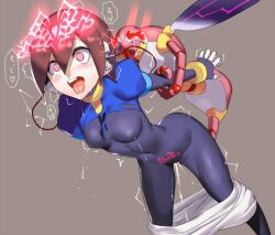  ahegao aile arms_behind_back bent_over blush brain_injection breasts brown_hair control_indicator corruption crotch_tattoo dead_source electricity erect_nipples erect_nipples_under_clothes femsub happy_trance heart_eyes injection insect insectophilia lactation megaman_(series) megaman_zx navel open_mouth pussy_juice rape robot short_hair small_breasts standing tattoo tongue tongue_out trembling ukimukai 