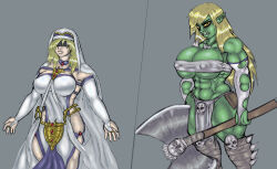  abs axe barbarian before_and_after blindfold blonde_hair breast_expansion breasts elf_ears erect_nipples erect_nipples_under_clothes fingerless_gloves gloves goblin goblin_girl goblin_slayer huge_breasts loincloth long_hair midriff muscle_girl nun orc_girl sword_maiden_(goblin_slayer) thick_thighs tube_top yellow_eyes 