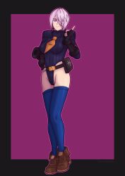  angel_(king_of_fighters) arm_bands aura belt boots empty_eyes female_only femsub fingerless_gloves gloves glowing hair_covering_one_eye hand_on_hip happy_trance king_of_fighters large_breasts leotard pink_background purple_eyes shadaloo_dolls short_hair shoulder_pads simple_background smile socks solo standing street_fighter symbol_in_eyes thighhighs tie victoriamikoto watermark white_hair 
