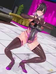 3d alternate_costume armpits barcode bare_shoulders black_hair blush breath cleavage cosplay crotch_cutout custom_maid_3d_2 dfish303 empty_eyes female_only femsub fishnets gloves hair_ornament high_heels large_breasts leotard looking_at_viewer nipple_cutout nipple_piercing nipples opera_gloves original piercing pink_eyes ponytail pussy_juice ribbon sexually_suggestive shoes smile solo spread_legs standing taimanin_(series) thighhighs