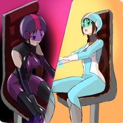  alternate_color_scheme alternate_costume bangs before_and_after blue_eyes bodysuit boots brown_hair chair female_only femsub gloves happy_trance helmet high_heels noob open_mouth pink_background ponytail purple_eyes sitting solo symbol_in_eyes thigh_boots thighhighs yellow_background 
