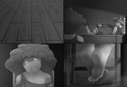  absurdres afro among_us bow_tie brushie_art comic drool feet femsub foot_focus glasses greyscale happy_trance hypnotic_feet impostor_(among_us) magician maledom open_mouth original parker_(brushie_art) socks spiral spiral_background spiral_eyes 
