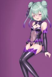  ai_art aiartd_(generator) alternate_costume bare_shoulders blush empty_eyes femsub gloves green_hair hair_buns heavy_eyelids hololive leotard looking_at_viewer miniskirt navel opera_gloves purple_background purple_eyes rushia_uruha see-through short_hair simple_background sitting skirt small_breasts smile thigh_boots thighhighs virtual_youtuber 