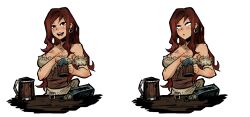 arm_bands bare_shoulders before_and_after blush bottle breasts brown_eyes cleavage darkest_dungeon drool earrings erect_nipples eye_roll eyebrows_visible_through_hair female_only femsub freckles hypnotic_drink jewelry large_breasts long_hair looking_at_viewer open_mouth pizza_surgeon red_hair simple_background smile solo tongue transparent_background 