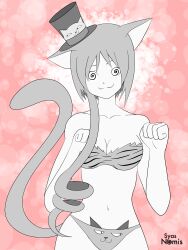 absurdres alice_lease bra breasts cat_ears cleavage female_only femsub hat long_hair navel original panties signature simple_background smile solo spiral_eyes standing syas-nomis symbol_in_eyes tail underwear