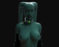  3d blue_eyes blue_lipstick breasts character_request cleavage collar collarbone erect_nipples expressionless female_only femsub gloves glowing glowing_eyes huge_breasts hypnovideotoo lipstick open_mouth opera_gloves solo standing star_wars tech_control tentacles twi&#039;lek twintails 
