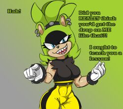  ambiguous_pov blue_eyes breasts dialogue english_text furry gloves gradient_background neyfufu pov punk smug sonic_the_hedgehog_(series) surge_the_tenrec tagme tenrec_girl text 