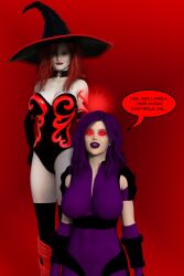 3d amaryst_(theheckle) dialogue female_only femdom femsub hat magic mellanica_(theheckle) original red_eyes red_hair super_hero text theheckle witch witch_hat