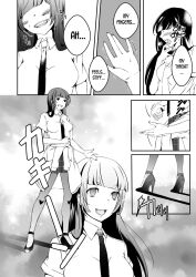  black_hair breasts comic dollification empty_eyes expressionless hard_translated hypnotic_drink kissing long_hair marialite monochrome petrification school_uniform tagme text translated 