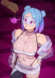  absurdres arm_warmers bare_shoulders belted_skirt blue_hair breasts cleavage collarbone crystal hair_buns hand_on_hip huge_breasts large_hips m4ns0n mask midriff miniskirt original pendulum phantom_hand purple_eyes reflection reflection_(irontale96) ring_eyes see-through short_hair short_skirt skirt spiral super_hero symbol_in_eyes thick_thighs tomboy 